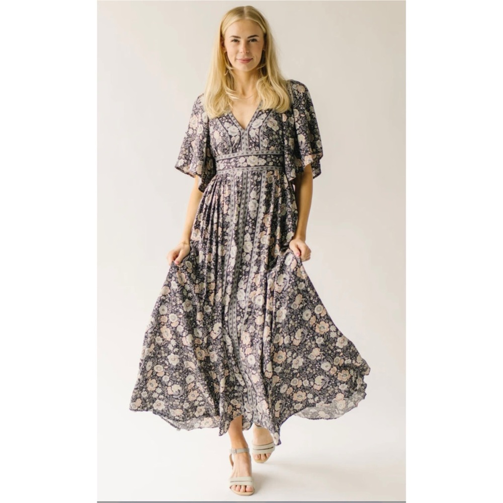 Piper and Scoot In Loom Selburg V Neck Floral Maxi Dress In Midnight Sz Large